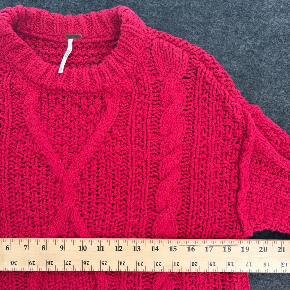 Free People Women Red Chunky Cable Knit Cotton Pullover Cropped Sweater Size S